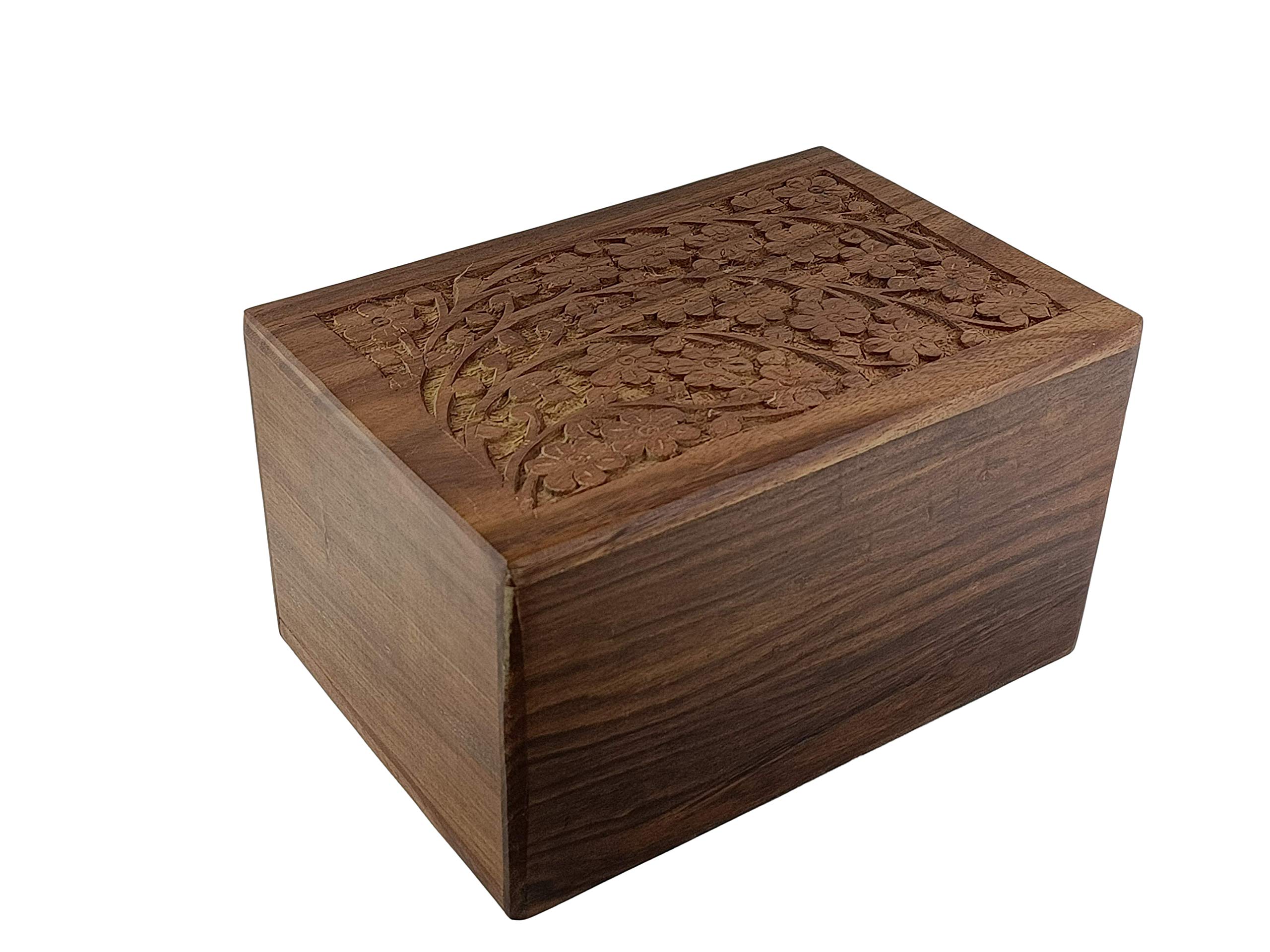 Indian Glance Wooden Urn Box - Human Funeral Cremation Urn with Hand Carved Design (9.5" x 6.5" x 5" Urn Holds: 210 cu. in.)