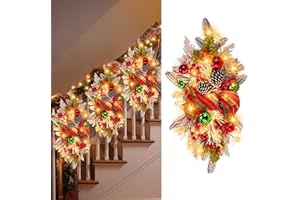 Lyrow 4 Pcs Cordless Prelit Christmas Artificial Swags 24" Xmas Stairway Swag Teardrop Trim Christmas Staircase Decoration Battery Operated Garland Indoor Outdoor Railing Decor(Classic Style)