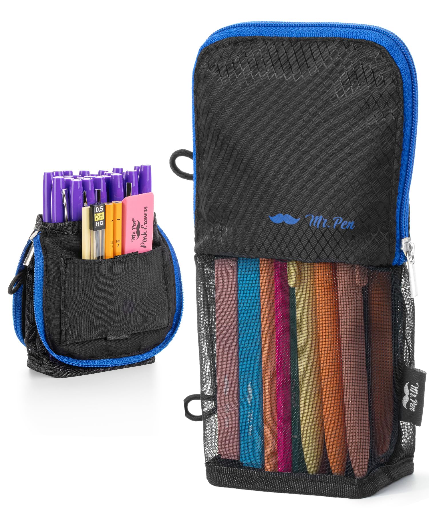 Photo 1 of Mr. Pen- Standing Pencil Case Pouch, Sit & Lay Mesh-View Design, Black with Blue Zipper, Interior Pocket & 2 Elastic Binder Loops, Cute Pencil Case for Girls and Boys