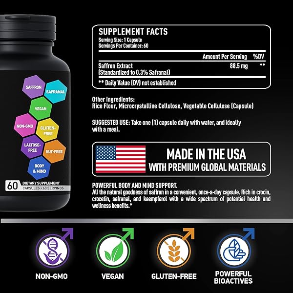 BIOACTIVE LABS OPTIMIZED SAFFRON SUPPLEMENTS – 88.5MG PURE SAFFRON EXTRACT FOR MOOD SUPPORT, FOCUS, ENERGY – PLUS CROCIN, CROCETIN, KAEMPFEROL – GLUTEN-FREE, NON-GMO – 1-A-DAY 60 CAPSULES