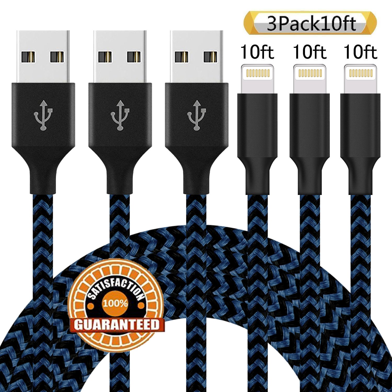 Neatlo MFi Certified iPhone Charger Lightning Cable 3Pack 10FT Extra Long Nylon Braided USB Charging Cord Compatible iPhone 11/Xs/Max/XR/X/8/8Plus/7/7Plus/6S/6S Plus/SE/iPad-BlackBlue
