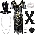 FEPITO 1920s V Neck Sequin Beaded Fringed Dress with 20s Accessories Set(Style 7