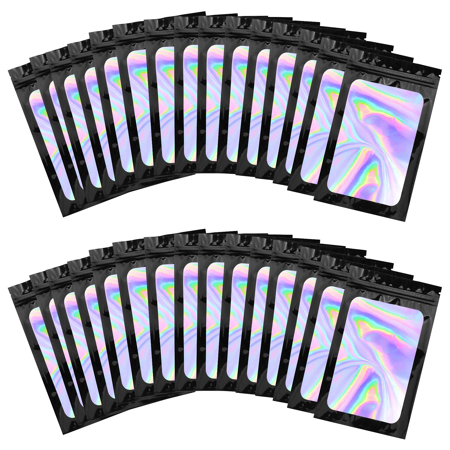 BQTQ 150 Pieces Ziplock Foil Bags Resealable Metallic Aluminum Flat Foil Pouch Bags for Jewelry Eyelash Food Storage, Holographic Black, 6x10cm