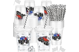 Teenyyou 50 Pcs 12 oz Disposable Plastic Cups with Straws, Lids and Leakproof Paper Clear Birthday Party Cups Supplies Birthday Table Decorations(Monster Truck,Black, White)