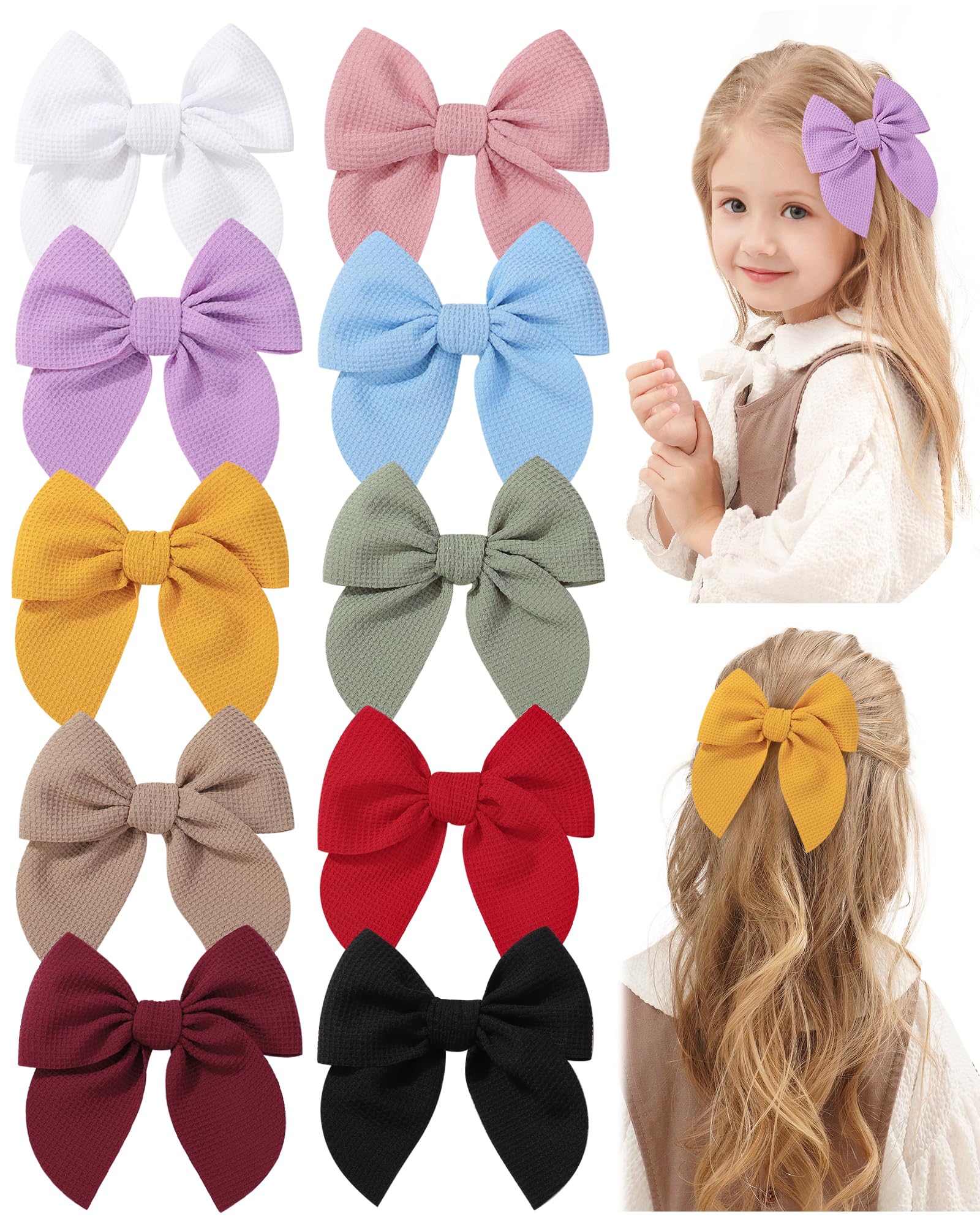 10PCS Baby Girls Hair Clips Bows Waffle Fable Hair Bows for Girls Hair Accessories for Baby Toddlers Kids 4.5 Inches