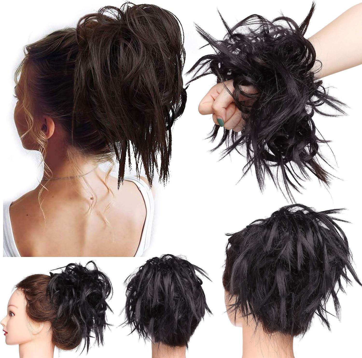 Tousled Updo Messy Bun Hair Piece Scrunchies Hair Synthetic Wavy Bun Extensions Fluffy Updo Scrunchy Chignon with Elastic Rubber Band Wrap on Donut Ponytail Hairpieces Dark Brown
