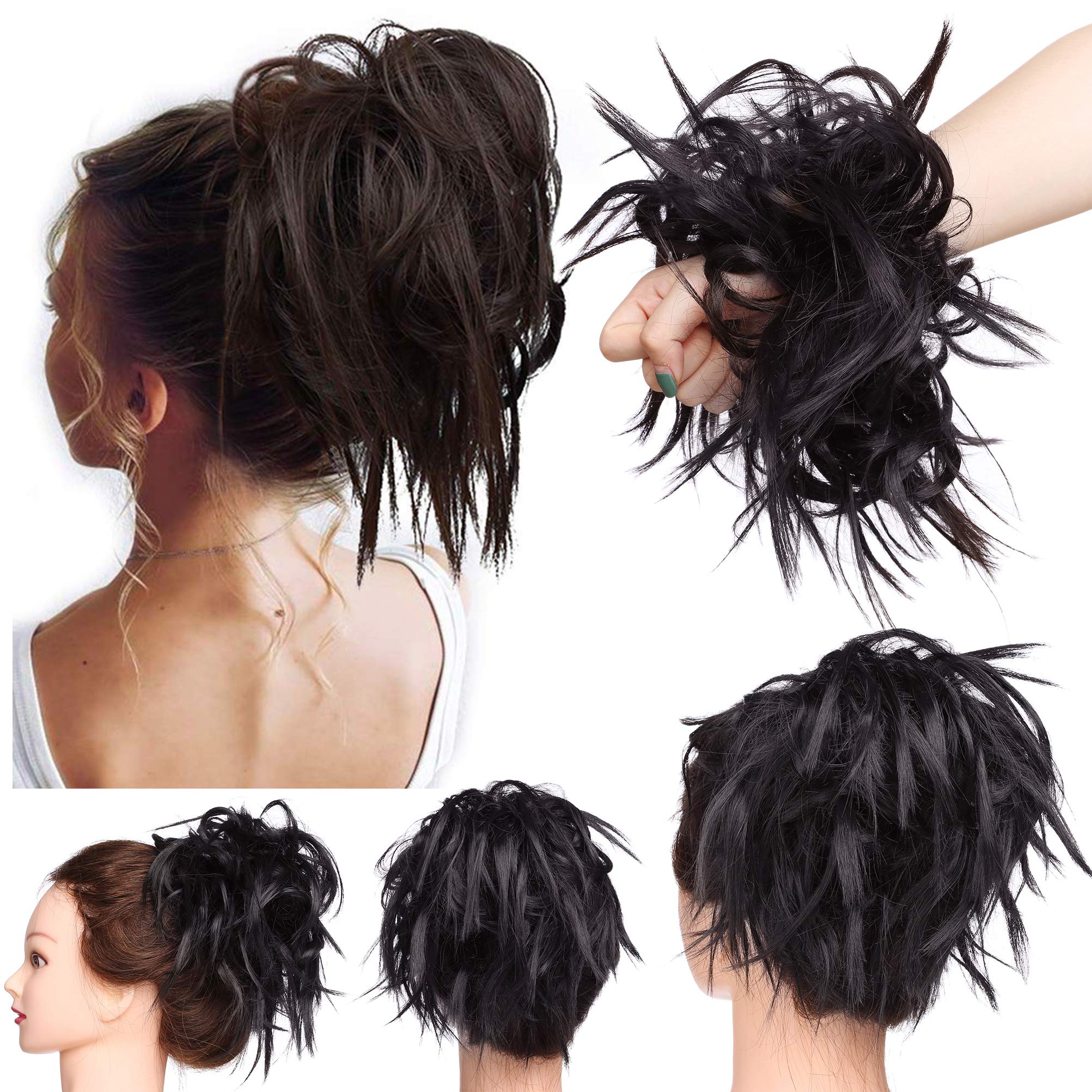 Tousled Updo Messy Bun Hair Piece Scrunchies Hair Synthetic Wavy Bun Extensions Fluffy Updo Scrunchy Chignon with Elastic Rubber Band Wrap on Donut Ponytail Hairpieces Dark Brown