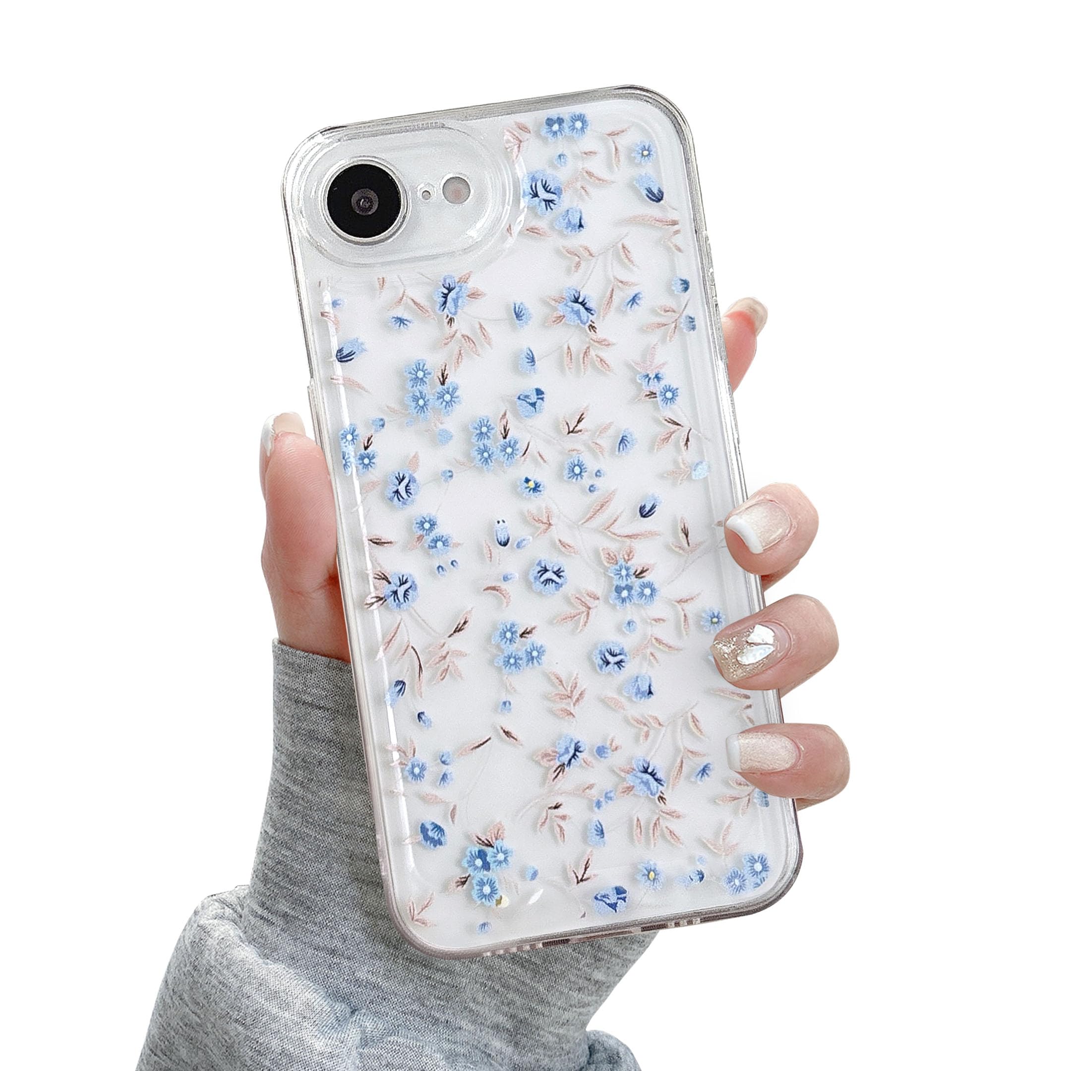 Photo 1 of QLTYPRI for iPhone 7/8/SE 2020/SE 2022 5G Case,Cute Pink Floral Flower Pattern Aesthetic Phone Case,Raised Camera Protection Soft Slim TPU Shockproof Protective Phone Cover for Girls Women- Clear Blue