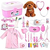 Girl Toys Doctor Kit for Toddlers 3-5 with Plush Dog, 39 PCS Kids Vet Play Set with Heartbeat Sound Stethoscope & Dress Up Toddler Doctor Costume & Hat, Pretend Play Pet Vet Toy for Girls Gifts