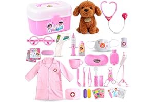 LOUVPY Doctor Kit for Toddlers 3-5 with Plush Dog, 39 PCS Kids Vet Play Set with Heartbeat Sound Stethoscope & Dress Up Toddler Doctor Costume & Hat, Pretend Play Pet Vet Toy for Boys Girls Age 3 4 5 Gifts