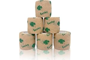6 Pack Self Adhesive Bandage Wrap, 2” x 5 Yards Cohesive Elastic Tape with Lucky Clover Pattern, Flexible Wrap for Pets, Spor