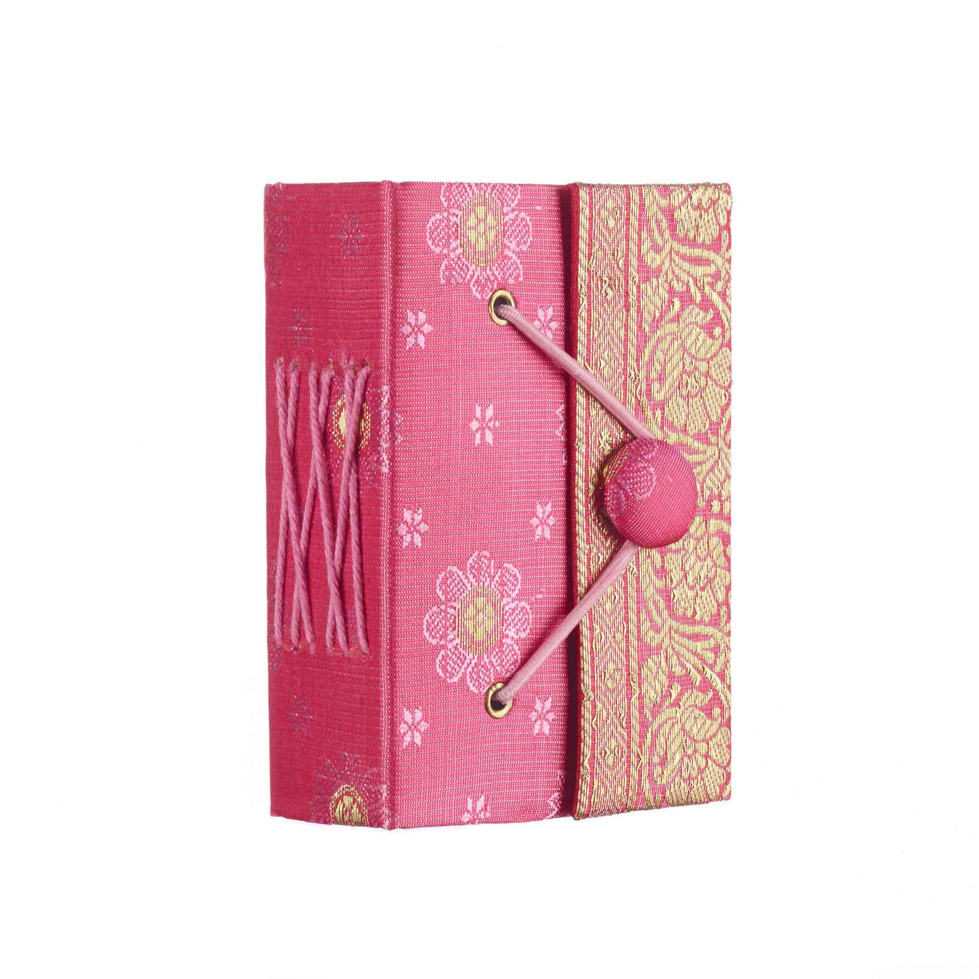 Sari Journal Mini 8cm x 10cm - Pink - Unlined Recycled Paper - Elastic Closure - Pocket Notebook and Diary - Indian Stationery Gift - for Men Women Students - Sari Fabric