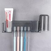 5 Slots Wall Mount Toothbrush Holder with Cover, Self Adhesive Toothbrush Storage Organizer for Shower, Toothpaste & Toothbrush Hanger for Bathroom, Medicine Cabinet, Dorm (Gray Large)