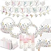 Quechoyz 454PCS Wildflower Birthday Decorations Set, Floral Party Supplies with Plates, Napkins, Cups, Cutlery, Straws, Tablecloths, Banners for Tea Party Decorations, Serve 50