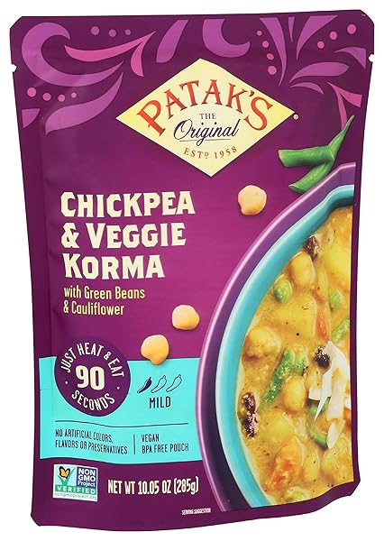 PATAK’S CHICKPEA & VEGGIE KORMA, MILD & CREAMY CURRY WITH COCONUT, CHICKPEAS & GREEN BEANS, READY TO EAT MEALS, VEGETARIAN, 10.05 OUNCE (PACK OF 1)
