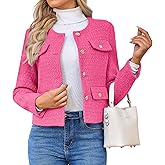 HUEOBIR Women's Tweed Blazers Jackets Casual Long Sleeve Button Down Business Short Casual Cropped Coats