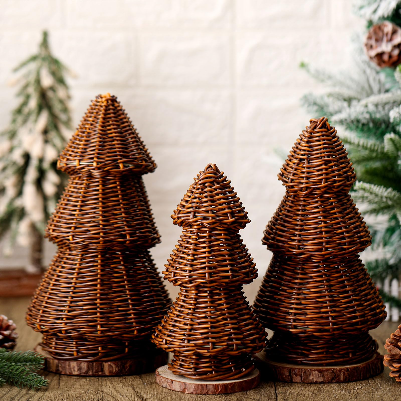 Photo 1 of ***01 PC***MiniInflat 01 Morden Christmas Decor Woven Christmas Cone Tree Neutral Rattan Xmas Tabletop Centerpiece Ornaments for Mantel Fireplace Home Tiered Tray Holiday Party Decor, 3 Sizes(Brown)