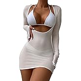 Lilosy Sexy Crochet Sheer Long Sleeve Cover Up Bikini Set Swim Bathing Suit Beach Dress 3 Piece