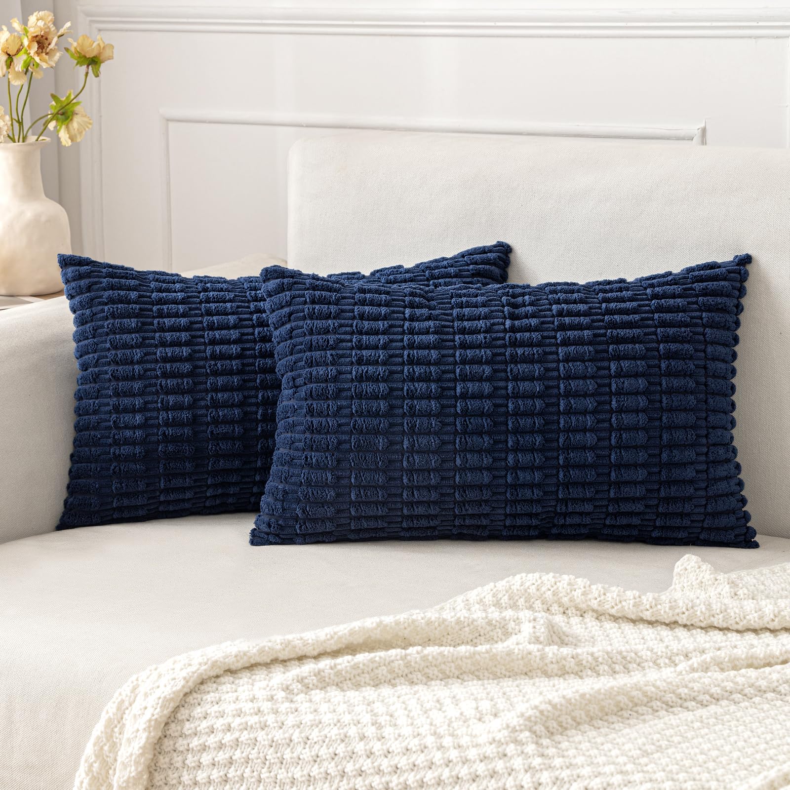 Photo 1 of MIULEE Pack of 2 Corduroy Decorative Lumbar Throw Pillow Covers 20x12 Inch Soft Boho Striped Pillow Covers Modern Farmhouse Home Decor for Summer Coastal Sofa Living Room Couch Bed Dark Blue