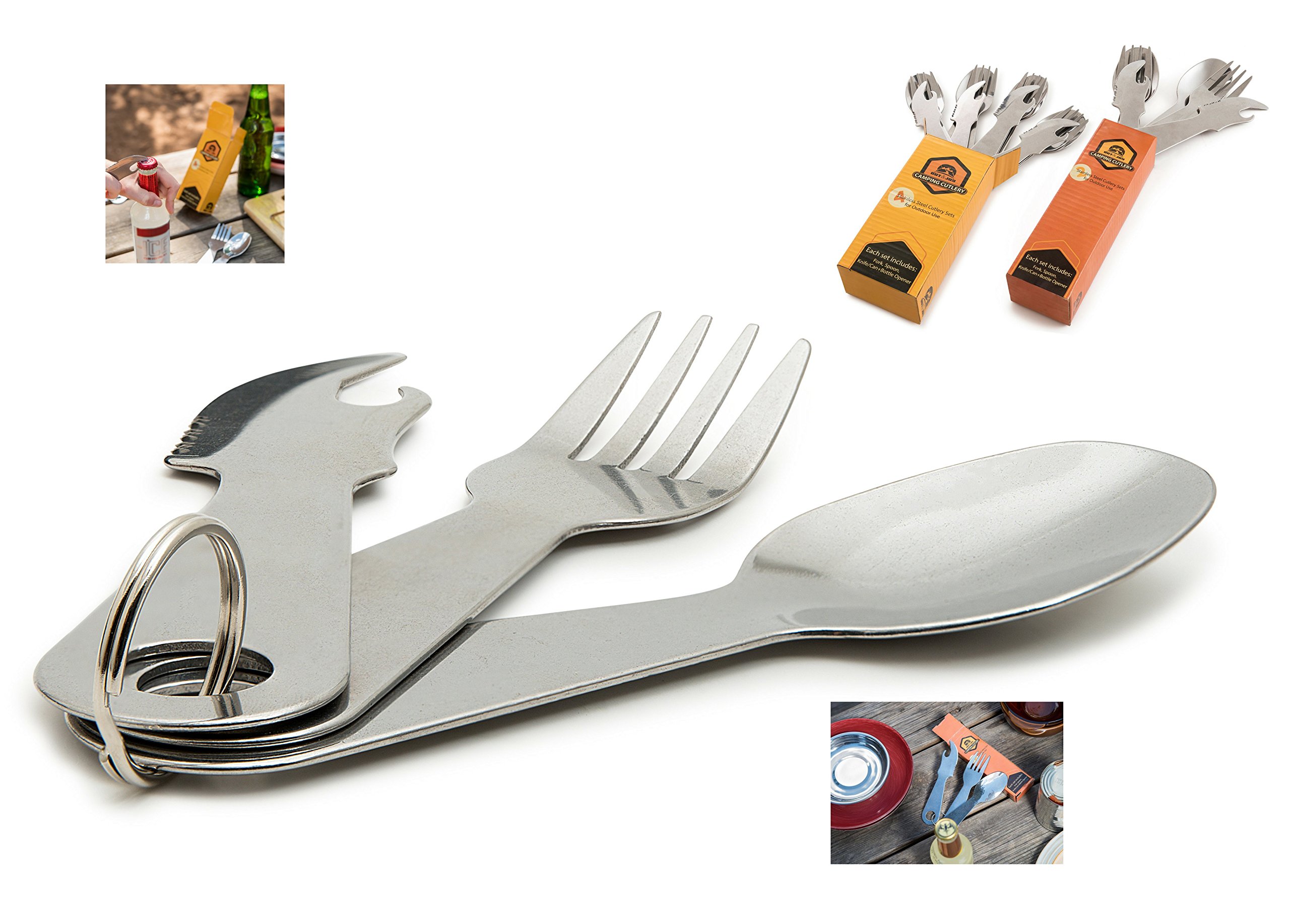 Out&Joy Lightweight Stainless Steel Camping Cutlery Set – Compact, Multi-Purpose, Eco-Friendly Silverware Set Includes Fork, Spoon, Knife + Can and Bottle Opener (4 Person Setting)