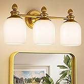 Keonjinn Gold Bathroom Light Fixtures, 3-Light Vintage Vanity Lights for Mirror with Frosted Glass Shades, UL Listed E26 Base