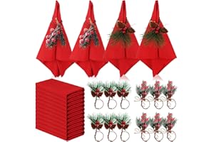 24 Pcs Christmas Napkins and Ring Set 12 Pcs Christmas Red Cloth Napkins and 12 Pcs Christmas Napkin Holder for Christmas Hol