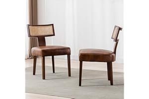 RIVOVA Modern Rattan Back Dining Chairs Set of 2 Rattan Kitchen Chairs PU Leather Upholstered Side Chairs, Modern Kitchen Armless Solid Wood Dining Chairs, Brown