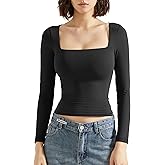 SUUKSESS Women Square Neck Long Sleeve Tops Double Lined Going Out T Shirts