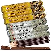 White Sage Incense Sticks and Hem De Palo Santo Incense Sticks with Incense Holder Bundle for Smudging Smudge kit Natural Inciensos Aromaticos Home Fragrance