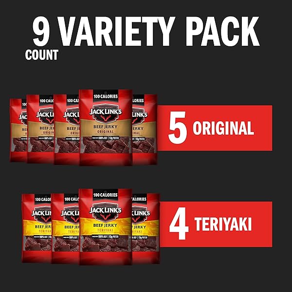 JACK LINK’S BEEF JERKY VARIETY PACK – ORIGINAL AND TERIYAKI – (9 PACK) 1.25 OZ BAG – READY TO EAT PROTEIN SNACKS – 13G PROTEIN PER SERVING – MADE WITH 100% REAL BEEF