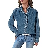 Sidefeel Womens Denim Shirt Button Down Long Sleeve Ruffled Edge Jean Blouses Tops