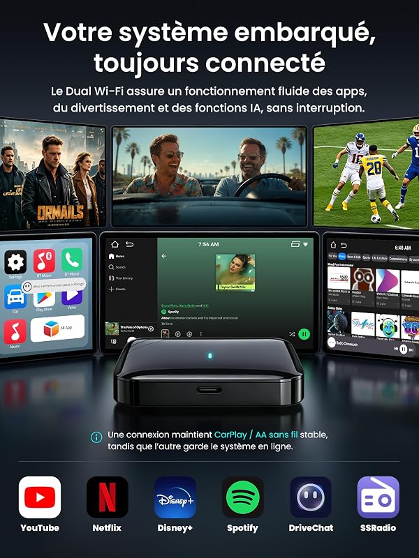 Adaptateur CarPlay sans Fil Android Auto, Boîtier AI Vidéo Auto 3-en-1 pour CP/AA Filaire OEM, 4GB+32GB, Double Wi-FI & Hub IoT Bluetooth, pour Netflix/Youtube/TikTok/Carte TF, CB4B