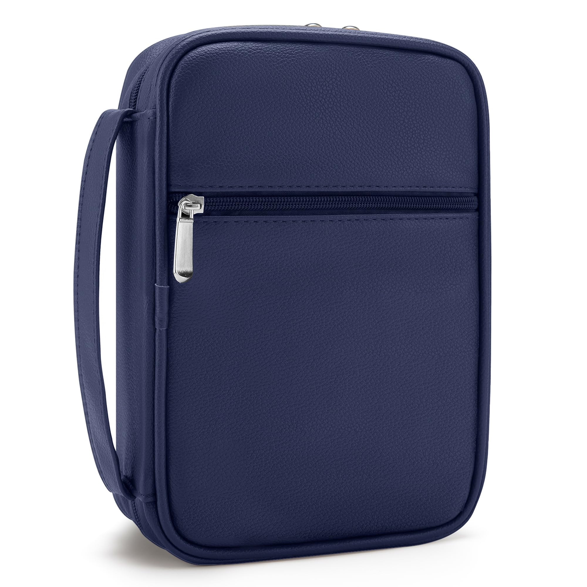 Photo 1 of Aburbe Small Bible Cover Case for Women and Men, 9x6 PU Leather Bible Sleeve, Compact Travel Bible Carrier Bag with Front Pen Holders, Zipper Closure, Inner Pockets - Navy Blue