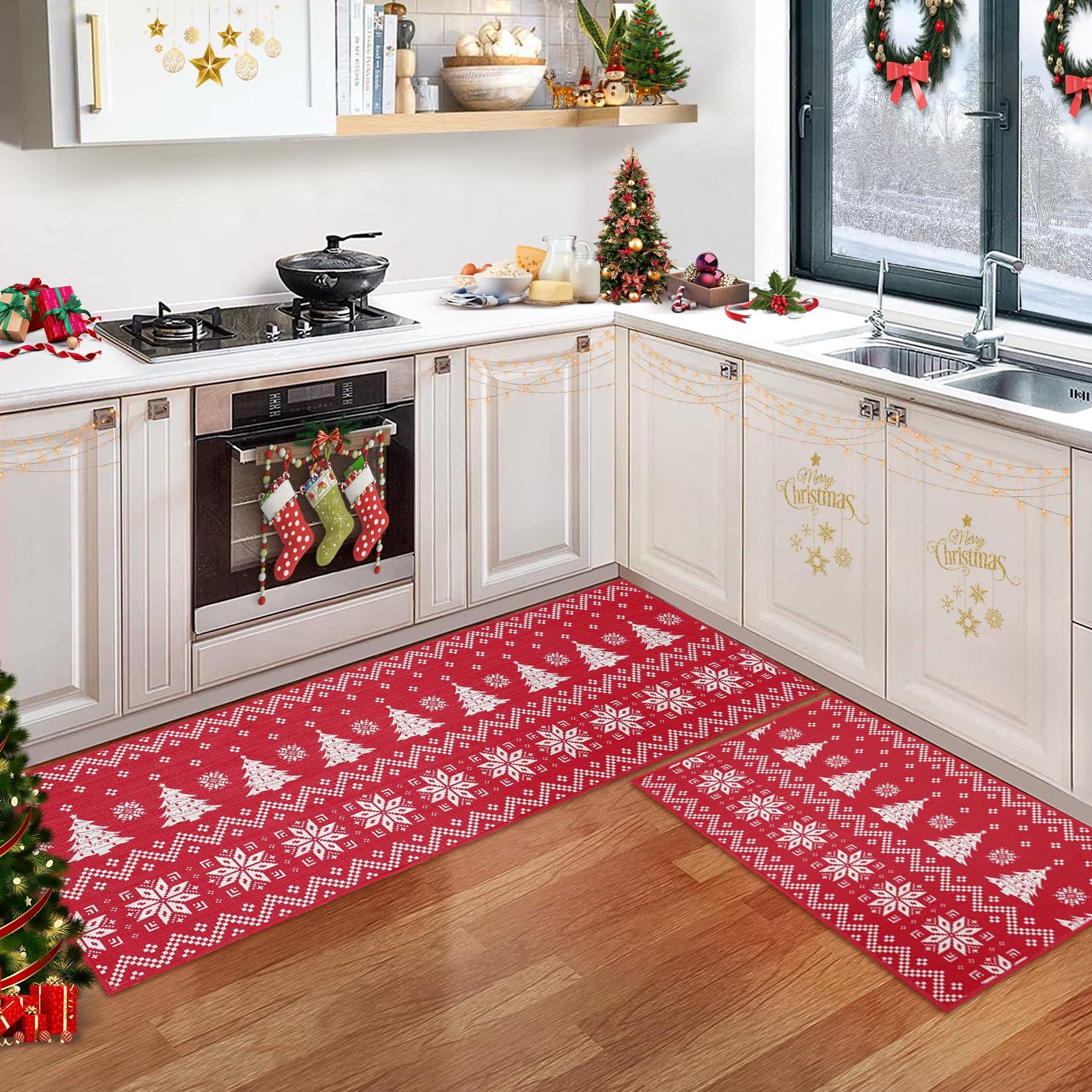CAROMIO Christmas Kitchen Mats Set of 2, Boho Flax Like Christmas Kitchen Rugs and Mats Weave Merry Christmas Tree Mats for Floor Bathroom, Christmas Kithcen Decorations 40x60cm + 40x120cm