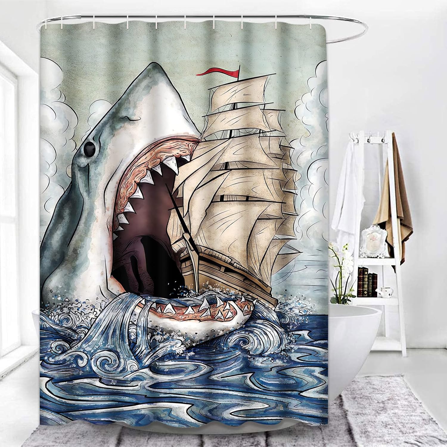 ArtSocket Shower Curtain Sharks Ship Floating Sea Blue Adventure Beautiful Black Boat Waterproof Polyester Fabric Bathroom Decor Bath 72 x 72 Inches Set with Hooks