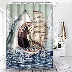 ArtSocket Shower Curtain Sharks Ship Floating Sea Blue Adventure Beautiful Black Boat Waterproof Polyester Fabric Bathroom Decor Bath 72 x 72 Inches Set with Hooks