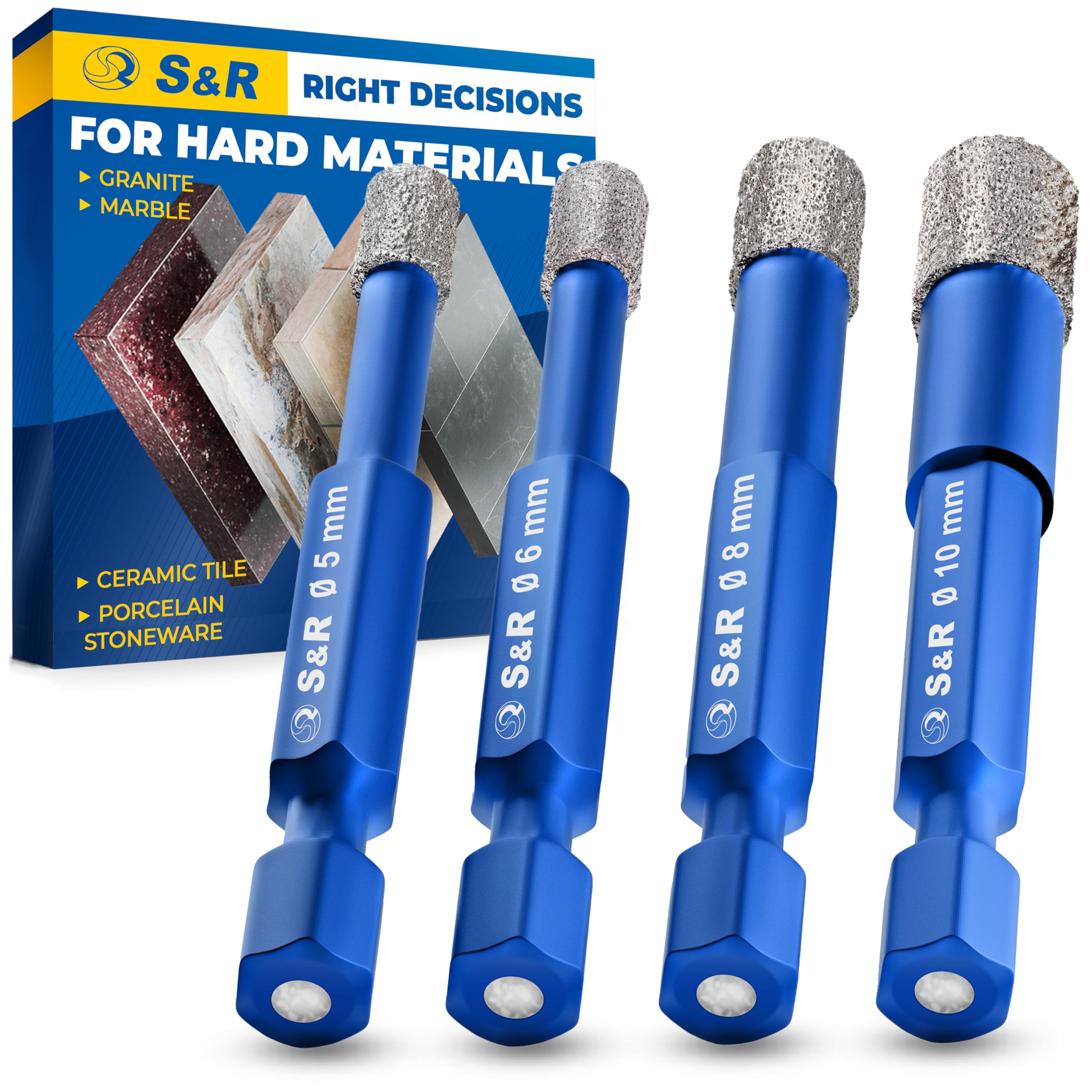 S&R Diamond Drill Bit Set – 4-Piece (5, 6, 8, 10 mm) | Hex Shank | For Ceramic, Porcelain, Marble, Granite, Glass & Hard Tiles | Dry or Wet Drilling