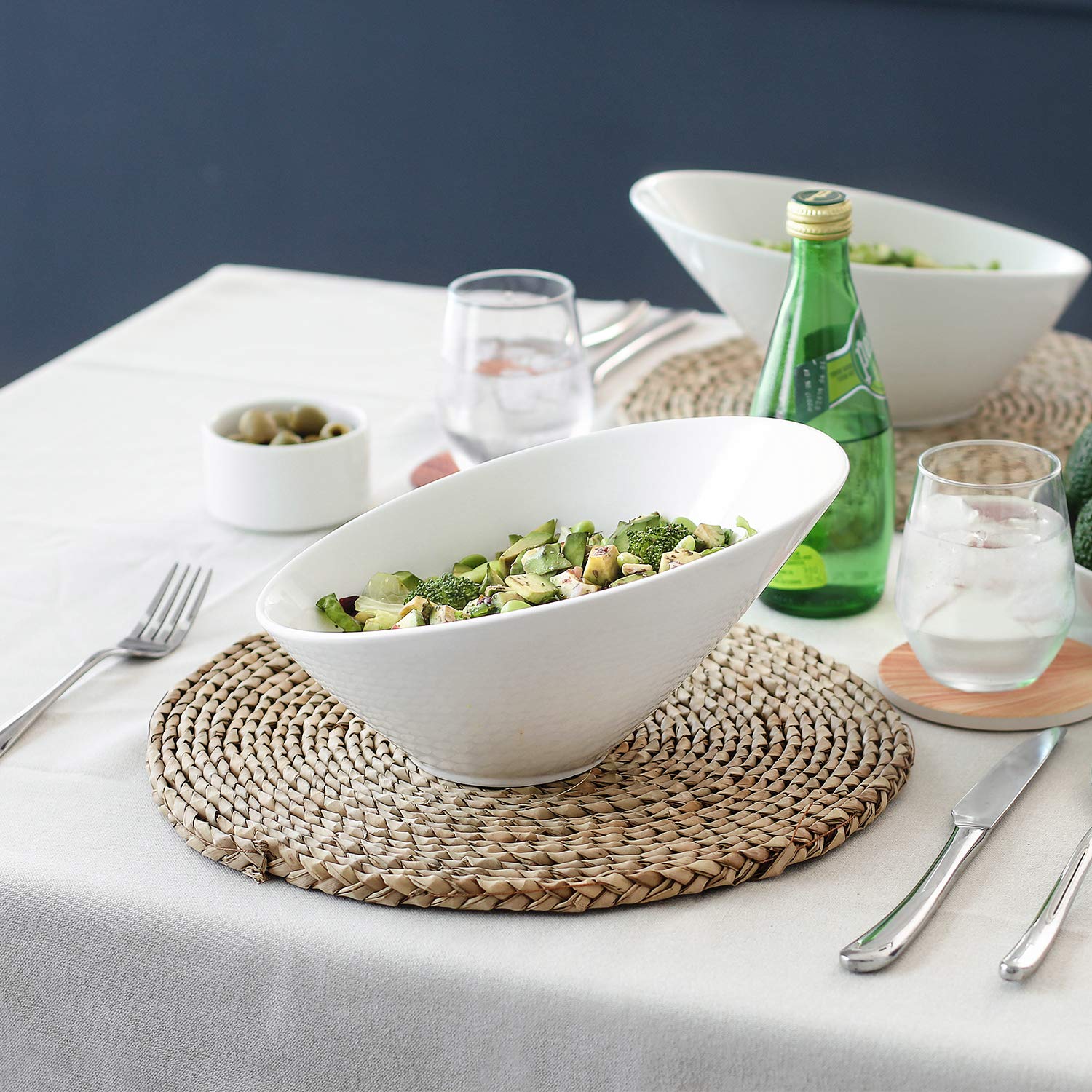 DOWAN 2 Piece Porcelain Angled Serving Bowls/Salad Bowls, 26 oz, White