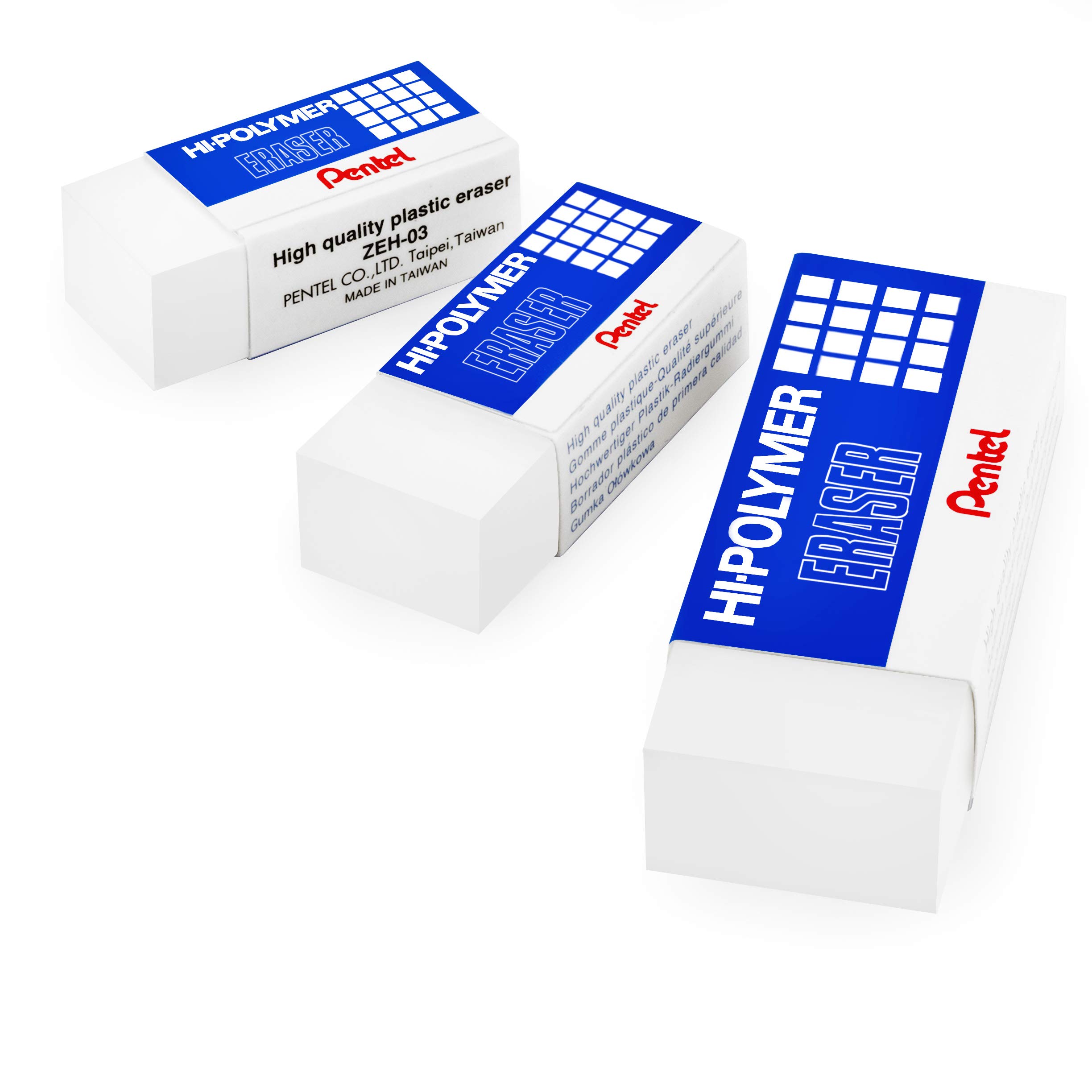 Pentel Hi-Polymer Plastic Rubbers Erasers - White - Jumbo/Small/Mini (3)