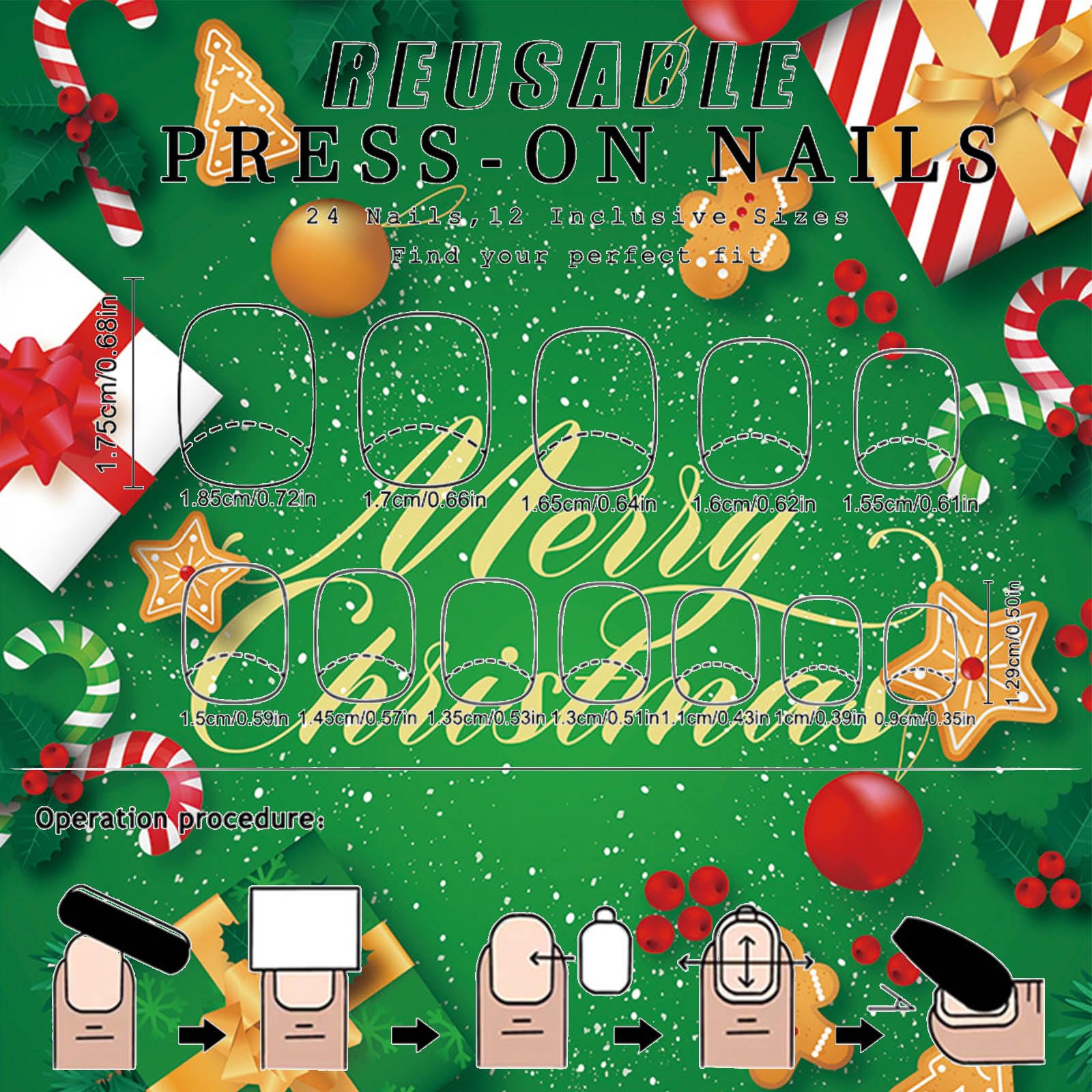 Christmas Holly Press on Nails Glossy Green Glitter Curve Line False Nails Short Square Snowflake Fake Nails Gel Glue on Nails Christmas Tree Stick on Nails for New Years Gifts 24 Pcs Merry Christmas - Image 8