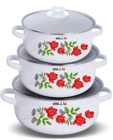 iBELL IBL ECS 3320 (3304) Decorative Enamel Casserole, Set of 3, with Sturdy Glass Lids