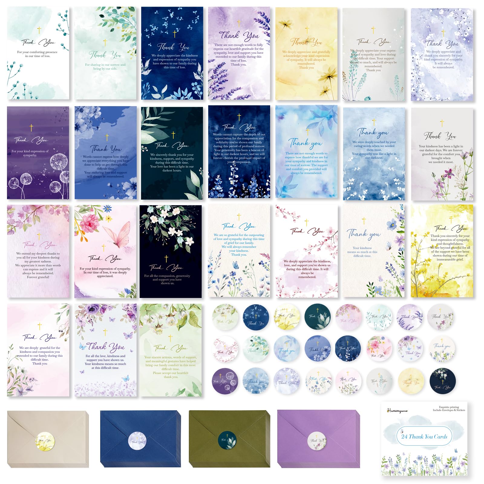Photo 1 of 24 Unique Funeral Thank You Cards with Envelopes & Stickers, 4x6 in Watercolor Floral Butterflies Bereavement Sympathy Thank You Cards for Funeral Memorial Service Family Friends Loved Ones
