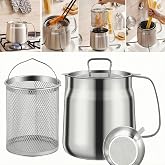 68oz 304 Stainless Steel Deep Fryer Pot with Basket &amp; Strainer, Large Capacity Bacon Grease Container for Kitchen,Frying, Cooking, Camping,Oil Filter Container - Dishwasher Safe (68oz/2L/2.1Qt)