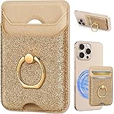 Shorogyt Compatible with Magsafe Wallet Magnetic Card Holder - Phone Wallets with Ring Grip Stand Cute Fashion for iPhone 17/16/15/14/13/12 Series for Women Girls Glitter Gold Design, Fit 3 Cards