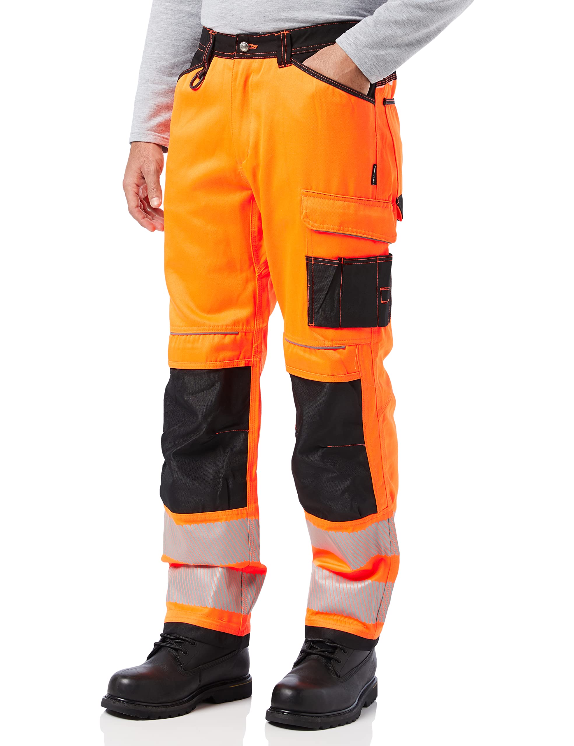 Portwest PW340 PW3 Men's Hi-Vis Cargo Work Trousers with Knee Pads and Pockets - Reflective High Viz Outdoor Safety Workwear, Orange/Black, 42