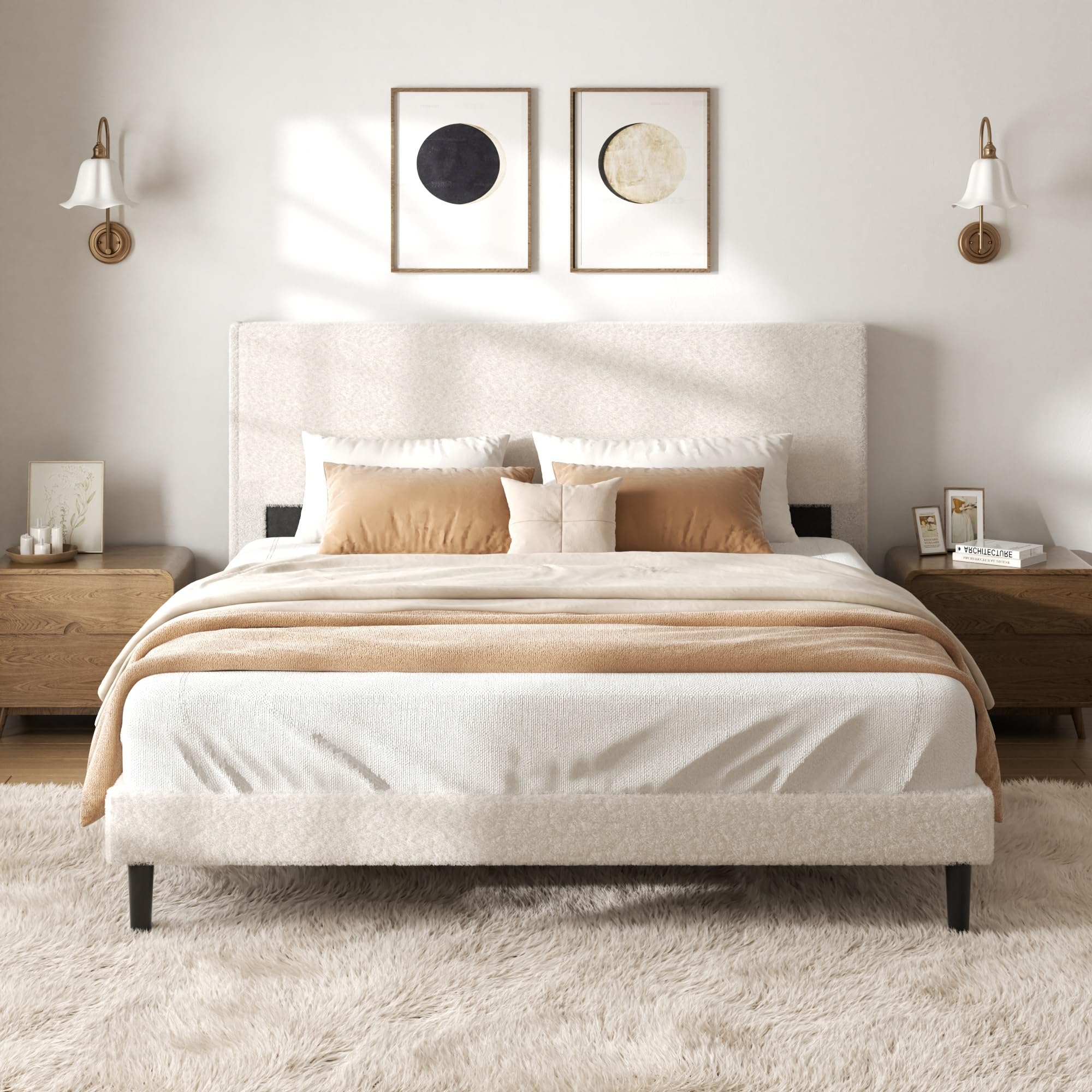 Photo 1 of viplov Queen Bed Frame,Teddy Velvet Modern Platform Bed Frame with Upholstered Headboard, Mattress Foundation, No Box Spring Required, Beige