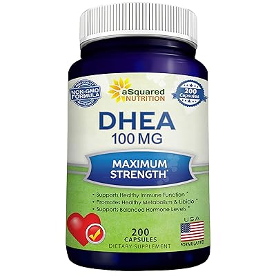 Pure DHEA (100mg Max Strength, 200 Capsules) to Promote Balanced Hormone Levels for Women &amp; Men - Natural DHEA Supplement Pills to Support Healthy Metabolism, Libio, Brain, Immune Function &amp; Energy