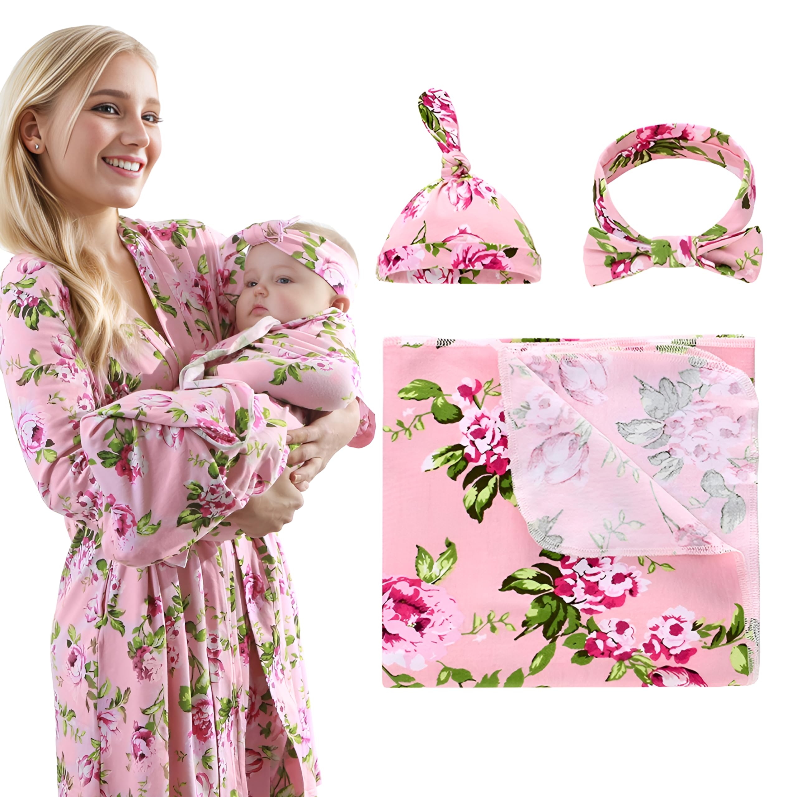 Photo 1 of 4 Pack Maternity Robe and Matching Baby Swaddle Blanket with Hat Headband Set, Stretchy Knitted Delivery Nursing Dress with Pockets and Receiving Blanket for Mummy and Baby (Pink Flower)