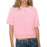 Saodimallsu Womens Short Sleeve Sweater Summer Cropped Sweaters Knit Tops | Casual,Crew Neck,Pullover,Lightweight,Striped,Crop,Work,Spring,Color Block,Fall