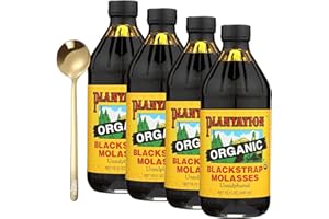 Plantation Unsulphured Blackstrap Molasses, Rich in Nutrients, 15 oz - Includes Moofin Golden SS Spoon, USDA Organic, Versatile Sweetener for Baking & Beverages, Eco-Friendly Packaging [Pack of 4]